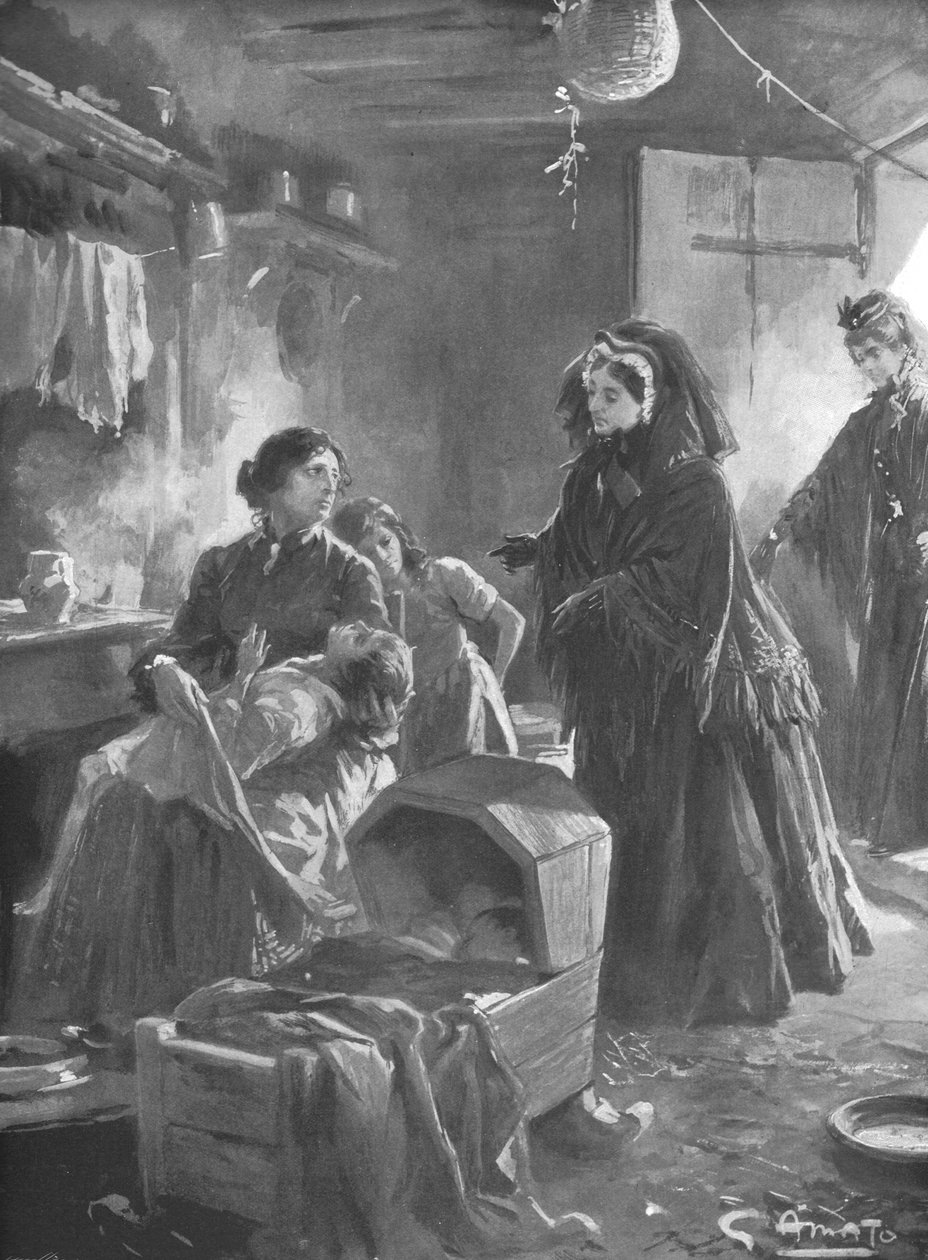 "الملكة فيكتوريا والفقراء: صاحبة الجلالة تزور منزلًا كوخًا" ، 1901. بواسطة جينارو أماتو