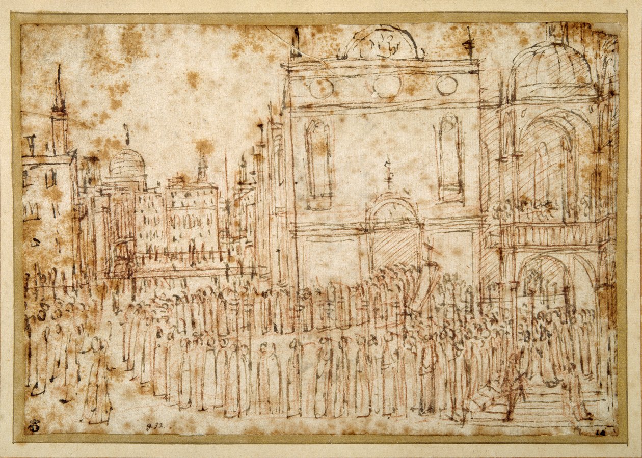 A Venetian procession moving from a scuola to a flanking church (pen & ink over chalk on paper) بواسطة جنتيلي بيليني