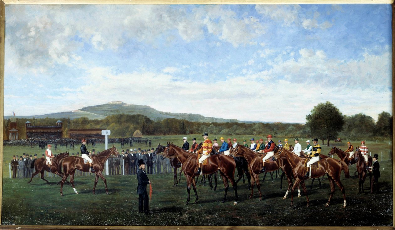 المغادرة في Longchamp التي قدمها Baron Foy في عام 1877 إعداد الخيول في بداية السباق على مضمار السباق. لوحة لجيو أرنول (القرن التاسع عشر) 1877. باريس ، تشجيع سوسيتيه بواسطة جيو أرنول