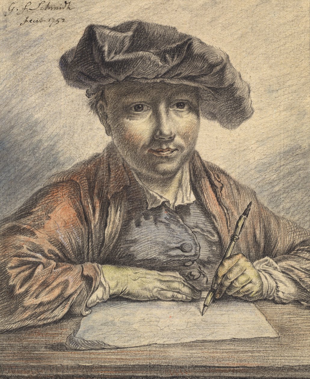 رسم بورتريه ذاتي ، 1752 (طباشير أسود وأحمر مع ألوان مائية ، باستيل ، قلم وحبر أسود) بواسطة جورج فريدريش شميدت