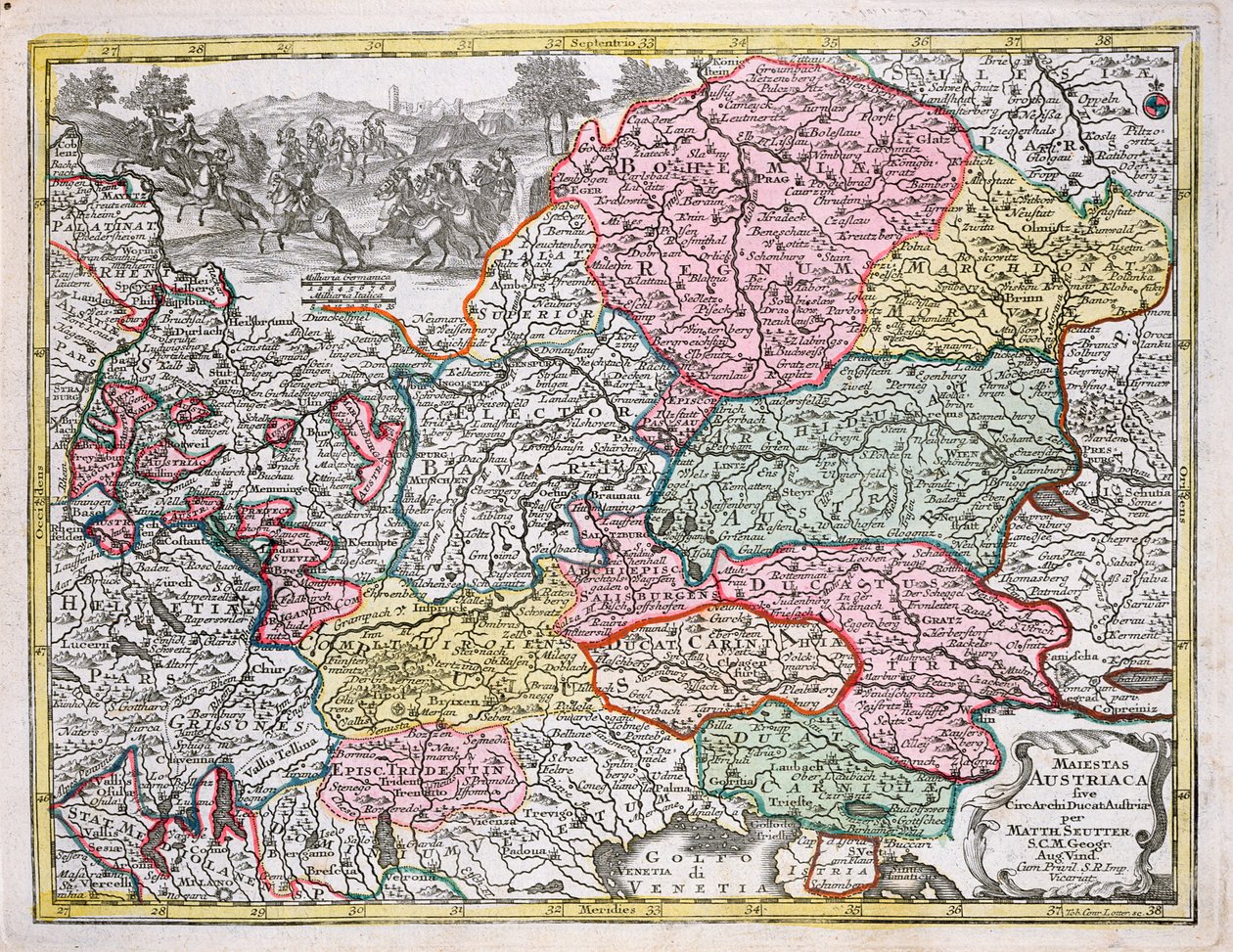 خريطة الإمبراطورية النمساوية ، c.1750 (نقش الألوان) بواسطة جورج ماثيو سوتر