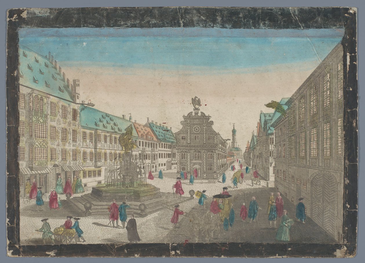 Gezicht op de wijnmarkt te Augsburg توقع سوق النبيذ في سالتز ستادل باتجاه S. Ulrich إلى Augspurg (العنوان على الكائن) بواسطة جورج بالتازار بروبست (ربما)