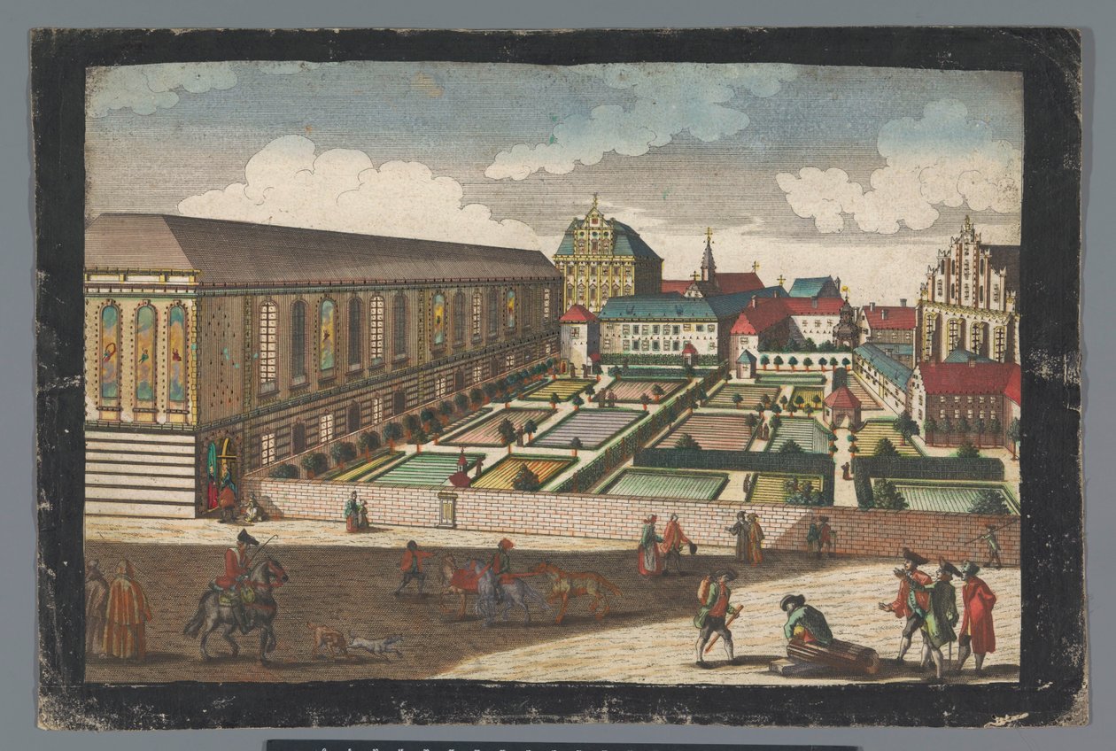 منظر للقصر الملكي ودير الإخوة الأصاغر Capuchins في فروتسواف Das Könige Palatium ، samt dem Capuciner und Minoritten Closter zu Breslau (العنوان على الكائن) بواسطة جورج بالتازار بروبست (ربما)