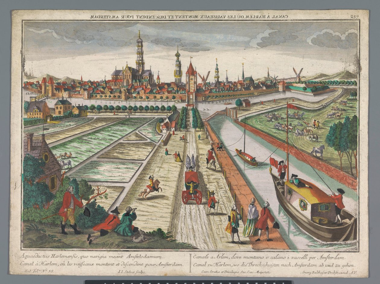 منظر لسفينة أمستردام فارت في هارلم قناة زو هارلم ، wo die Threckschuijten nach Amsterdam ab und zu gehen (العنوان على الكائن) هارلم (عنوان المسلسل) بواسطة جورج بالتازار بروبست