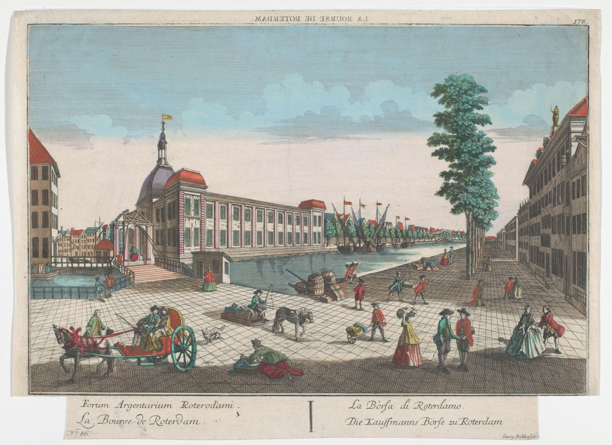 منظر لبورصة روتردام Die Kauffmanns Börse zu Roterdam (العنوان على الجسم) روتردام (عنوان المسلسل) بواسطة جورج بالتازار بروبست