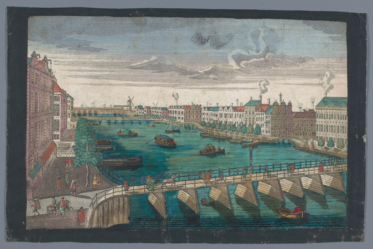 منظر لـ Binnen-Amstel بين Blauwbrug و Hogesluis في أمستردام Die Amstel von innen nach der blauen Brücke gegen der Wasser Schleuße zu Amsterdam (العنوان على الكائن) بواسطة جورج بالتازار بروبست