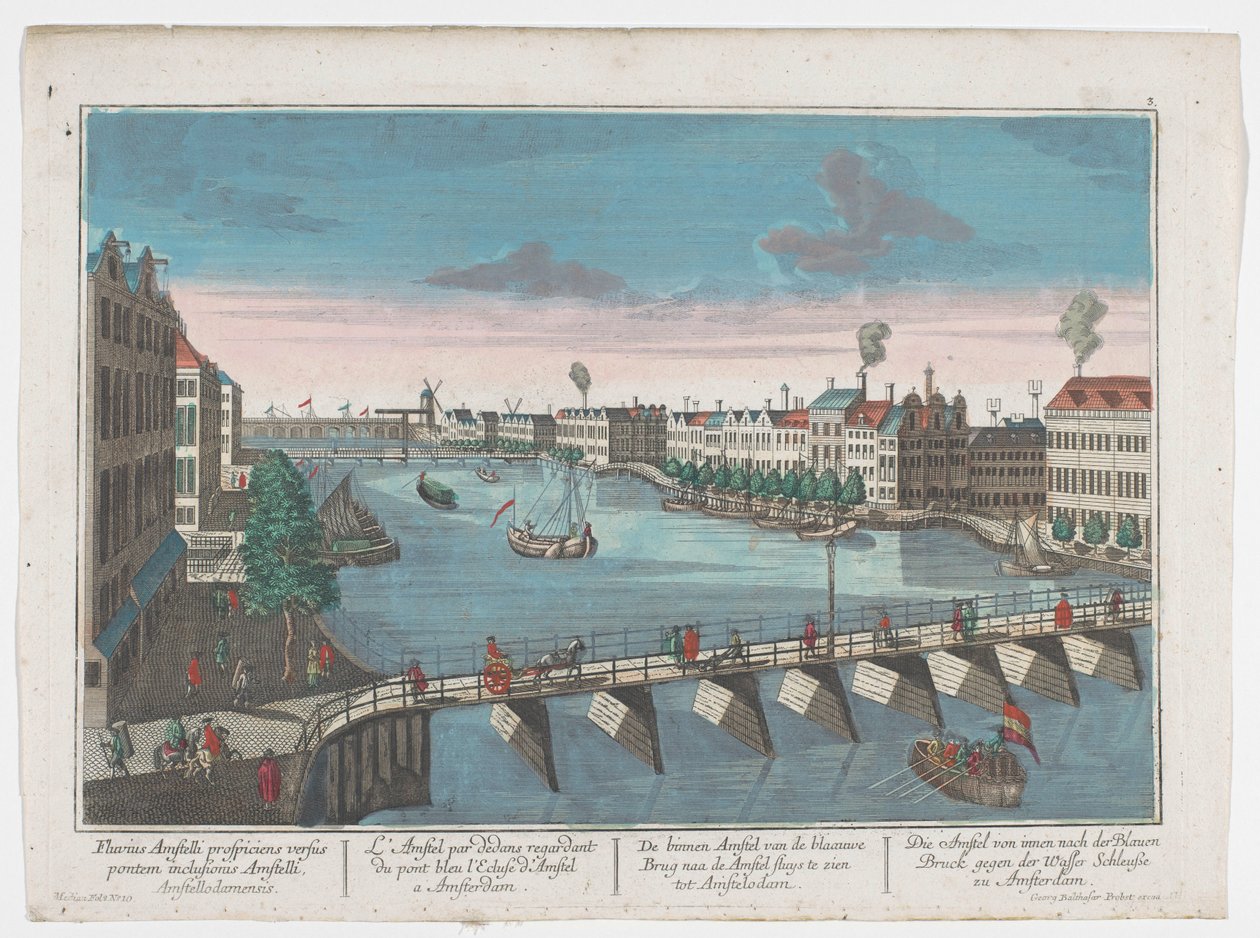 منظر لـ Binnen-Amstel بين Blauwbrug و Hogesluis في أمستردام Die Amstel von innen nach der blauen Brücke gegen der Wasser Schleuße zu Amsterdam (العنوان على الكائن) أمستردام (عنوان المسلسل) بواسطة جورج بالتازار بروبست