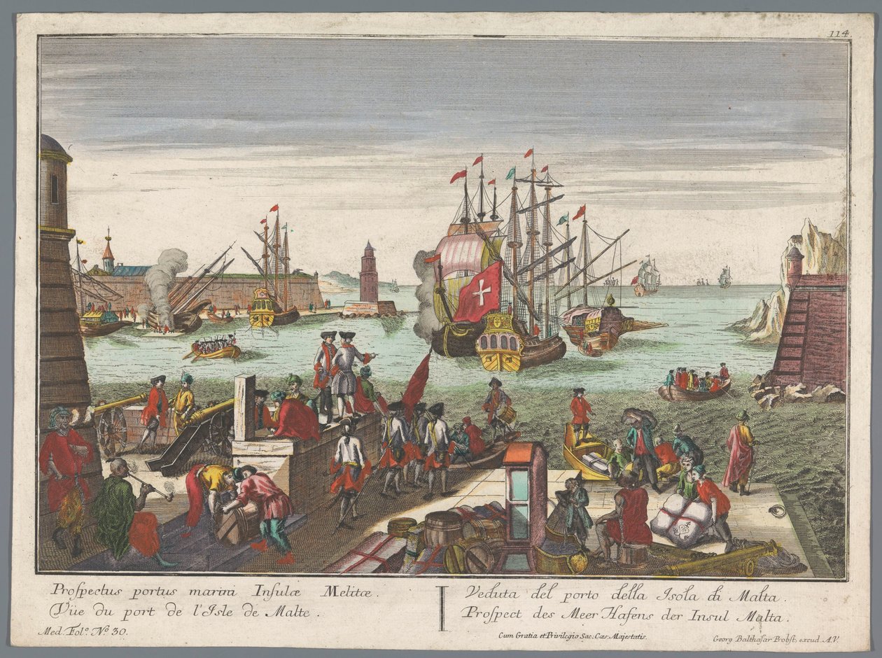 منظر للميناء في مالطا Prospect des Meer Hafens der Insul Malta (العنوان على الكائن) هاربور فيوز (عنوان المسلسل) بواسطة جورج بالتازار بروبست