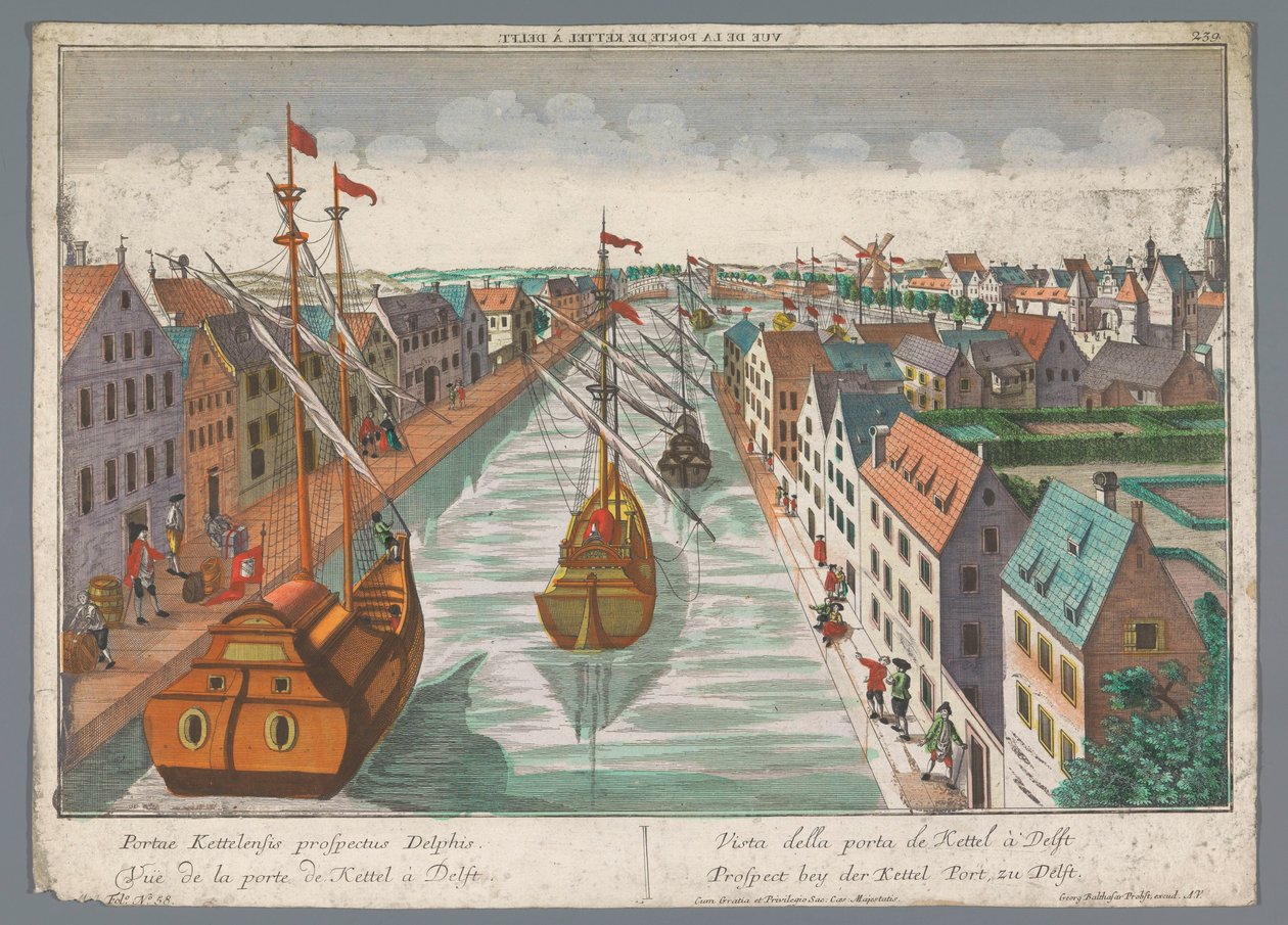 منظر لقناة بالقرب من Ketelpoort في Delft Prospect Bey der Kettel Port ، zu Delft (العنوان على الكائن) Delft (عنوان السلسلة) بواسطة جورج بالتازار بروبست