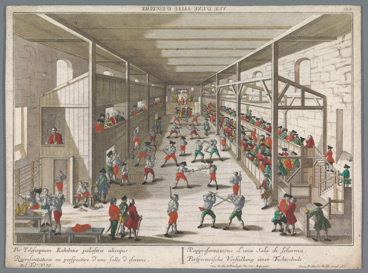 منظر لمدرسة سياج Perspectiische Vorstellung einer Fechtschule (العنوان على الكائن) مدارس البطولة والمبارزة (عنوان السلسلة) بواسطة جورج بالتازار بروبست