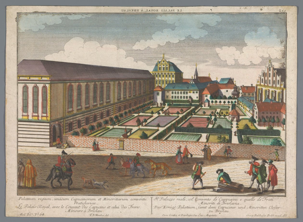 منظر للقصر الملكي ودير الإخوة الأصاغر Capuchins في فروتسواف Das Könige Palatium ، samt dem Capuciner und Minoritten Closter zu Breslau (العنوان على الكائن) فروتسواف (عنوان المسلسل) بواسطة جورج بالتازار بروبست