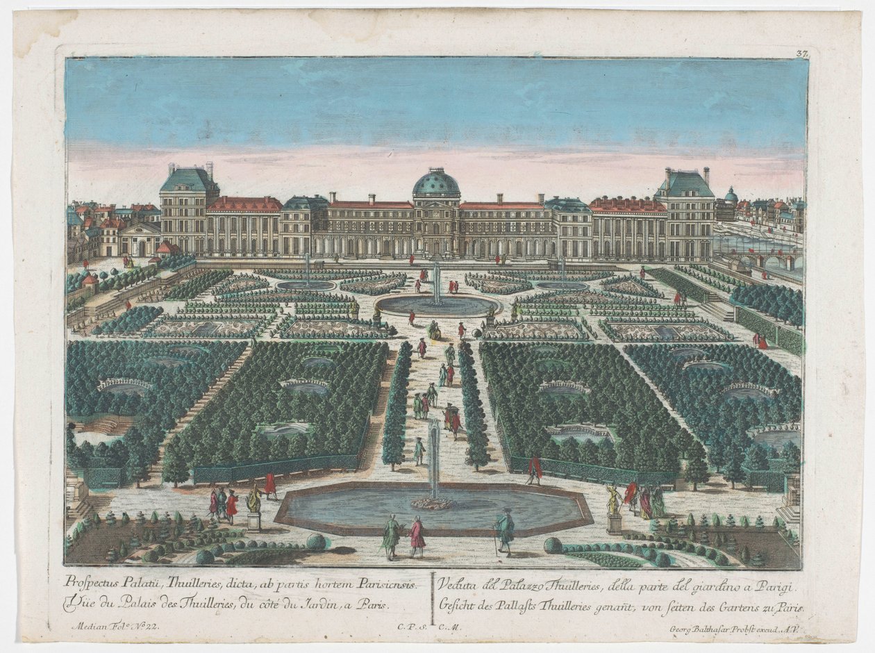 منظر لقصر التويلري في باريس من Jardin des Tuileries Gesicht des Pallasts Thuilleries genannt ، von seiten des Gartens zu Paris (العنوان على الكائن) باريس (عنوان المسلسل) بواسطة جورج بالتازار بروبست
