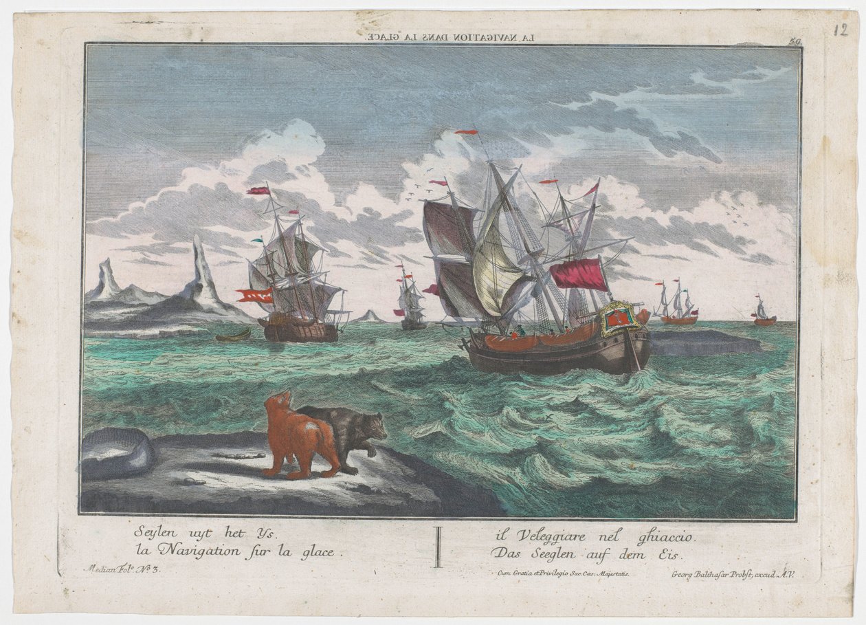 منظر لإبحار السفن على البحر الجليدي Das Seeglen auf dem Eis (العنوان على الكائن) صيد الحيتان قبالة جرينلاند (عنوان المسلسل) بواسطة جورج بالتازار بروبست
