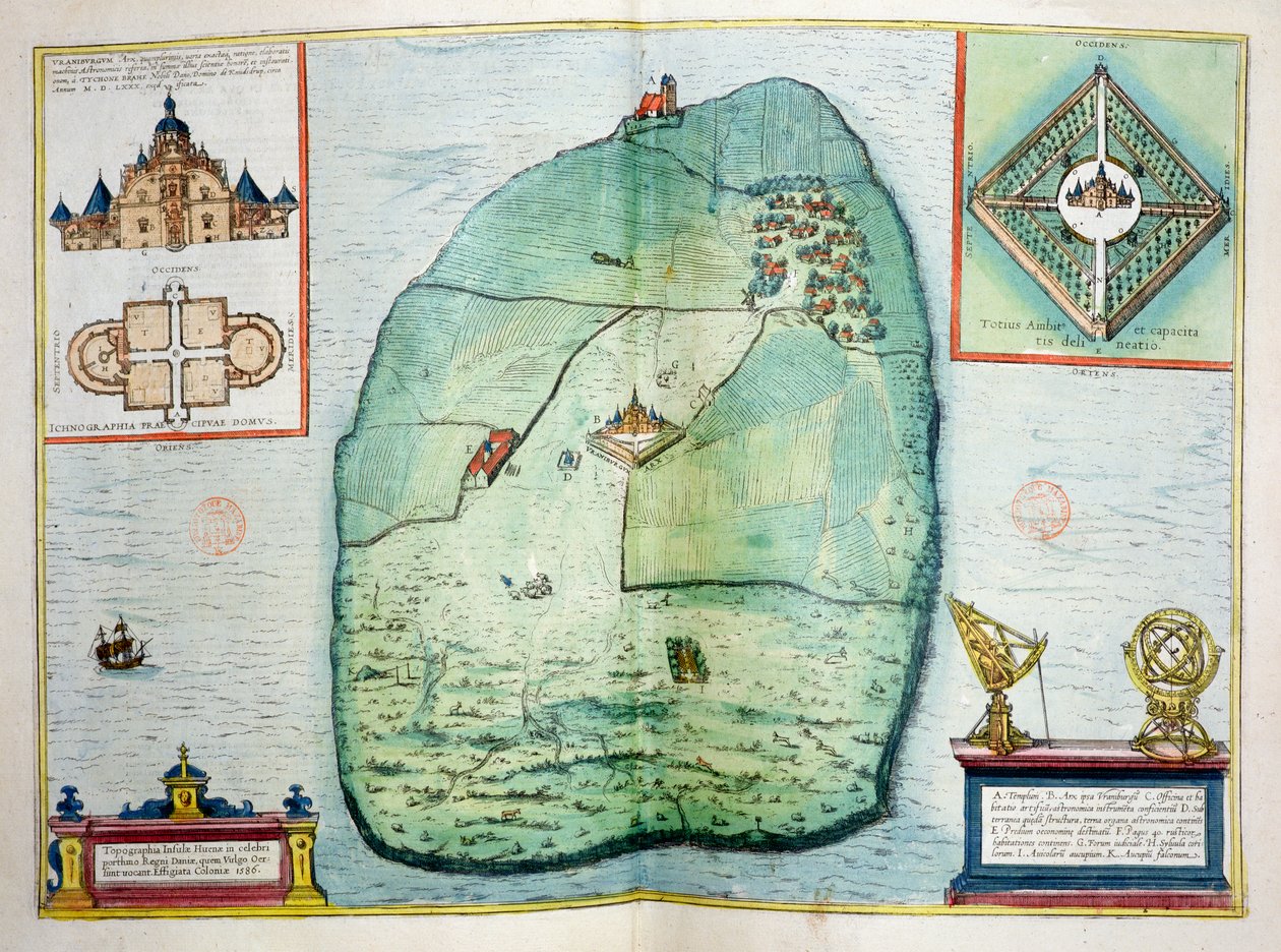 القلعة ومرصد أورانيبورج في جزيرة هفن ، الدنمارك ، شيدت 1584 بواسطة تايكو براهي (1546-1601) ، من أوربيوم براسيبوارم موندي ثياتروم كوينتوم ، تم نشر كولونيا ، 1598 (اللون بواسطة جورج براون وفرانز هوغنبرغ