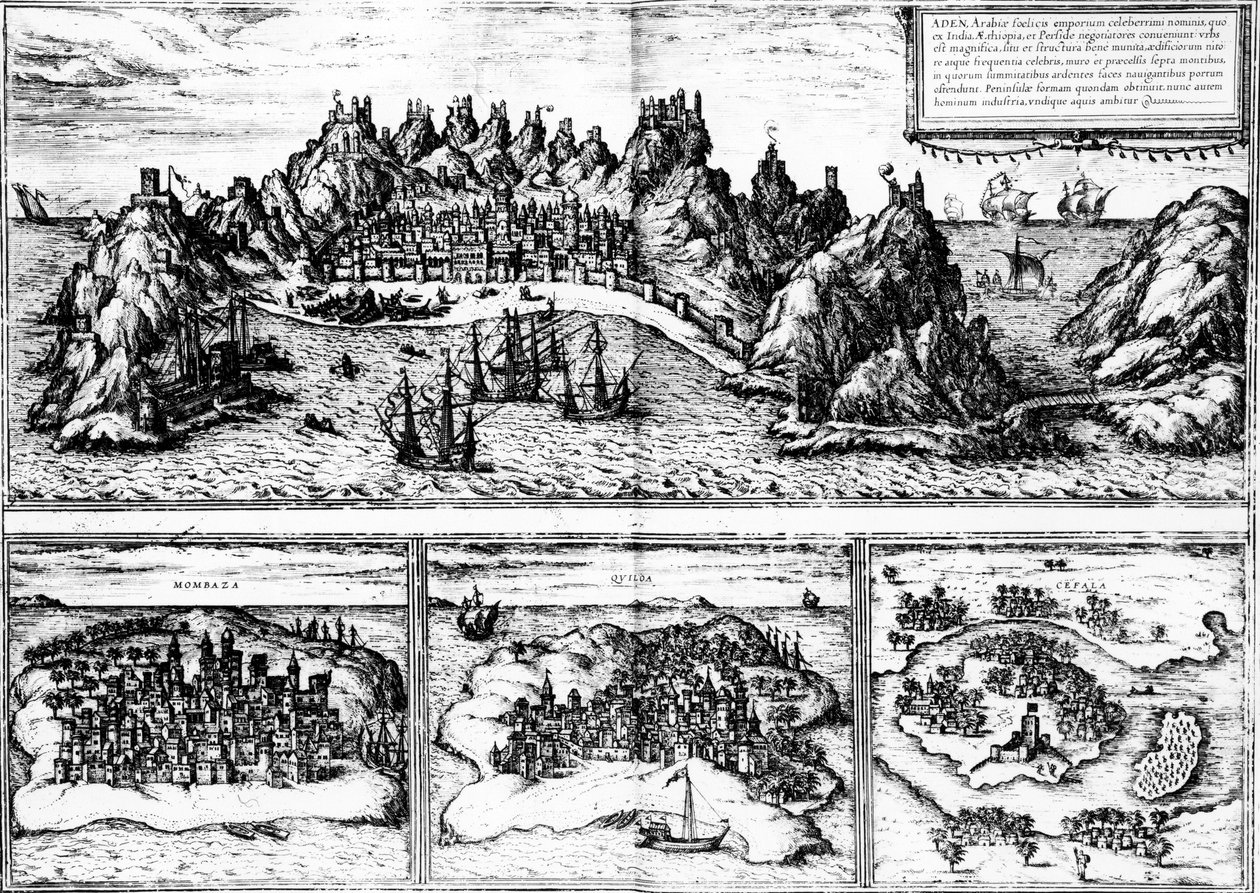 مناظر لـ عدن ومومبازا وكويلوا وسيفالا ، من "Civitates orbis terrarum" لجورج براون ، نُشر عام 1572 بواسطة جورج براون وفرانز هوغنبرغ