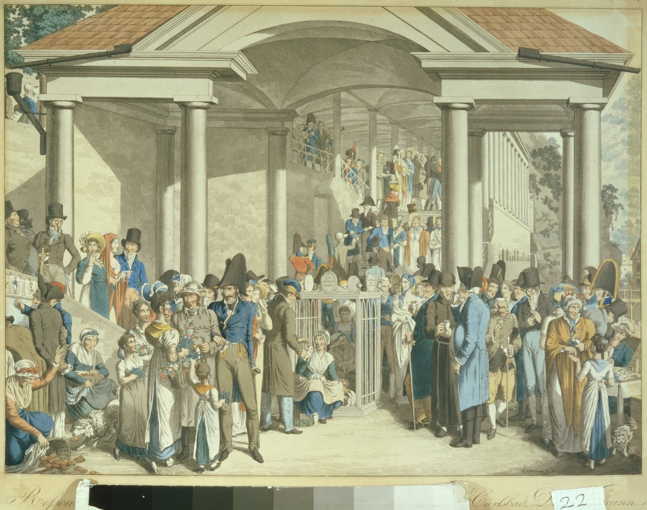 المجتمع الصحي في نافورة كارلسبادر ، 1810 (رسم مائي) بواسطة جورج إيمانويل أوبيتز