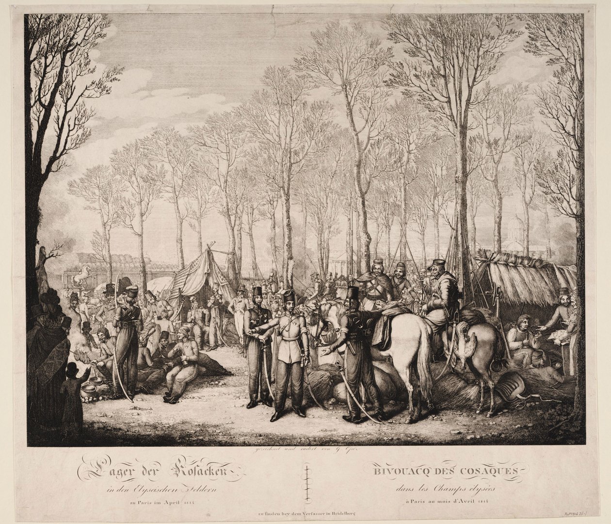 Bivouac of the Cossacks at Avenue des Champs-Elysées في باريس في أبريل 1814 ، 1814 بواسطة جورج إيمانويل أوبيز