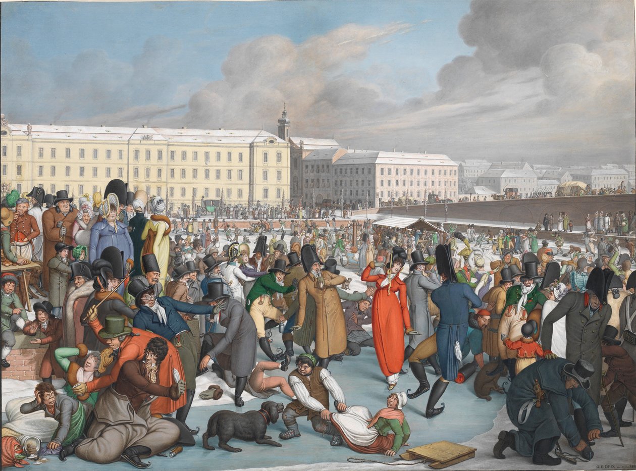 التزحلق على الجليد في المرفأ المتجمد لقناة Wiener Neustadt ، 1805. بواسطة جورج إيمانويل أوبيز