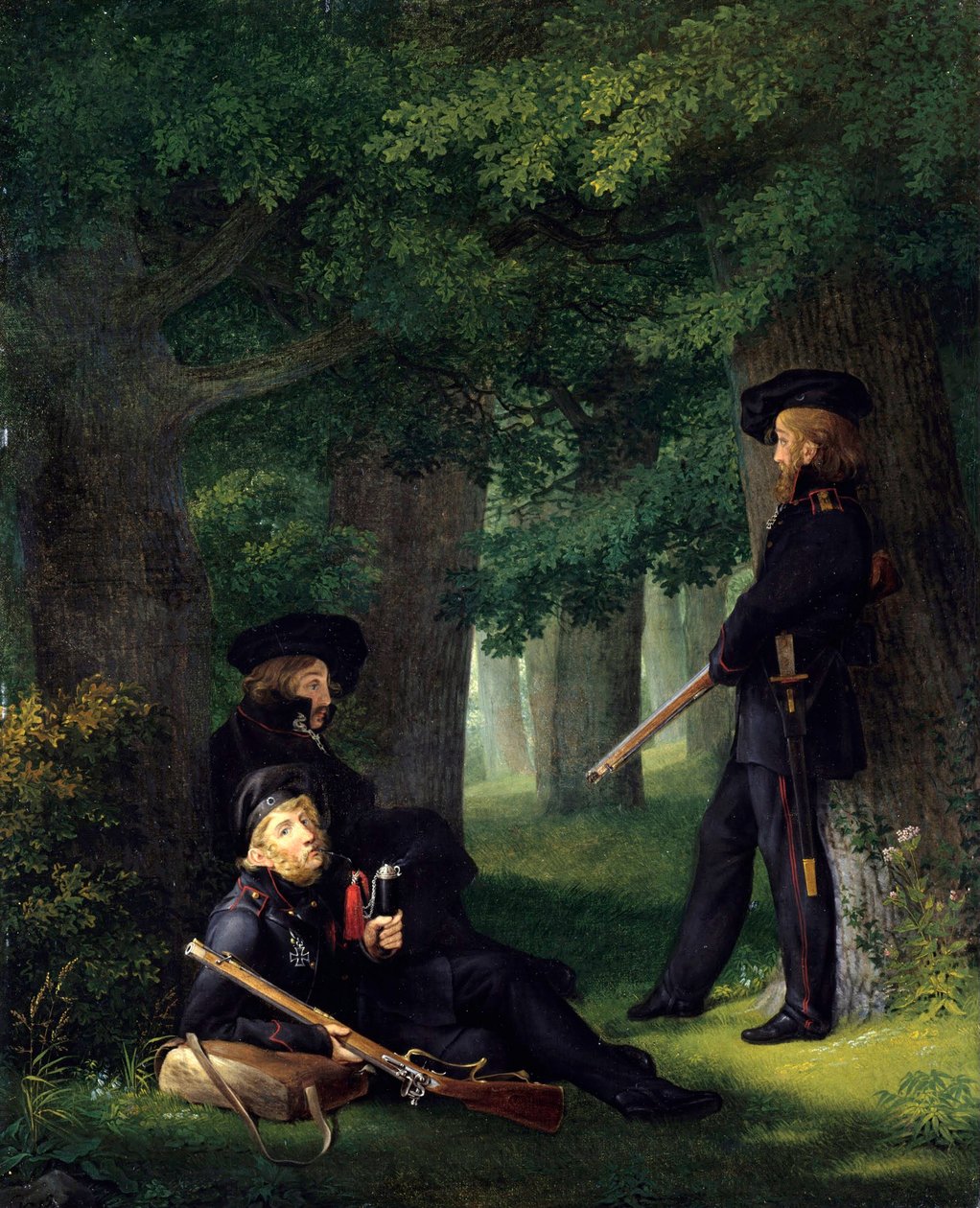 "" Outpost Duty "(بورتريهات لثيودور كورنر (1791-1813 ، شاعر وجندي بروسي) ، كارل فريدريش فريزين (1784-1814 ، معلم ومنشق) وهاينريش هارتمان) لوحة لجورج فريدريش كيرستينج (1785-1847) 1815 Dim 46x35 سم بواسطة جورج فريدريش كيرستينج
