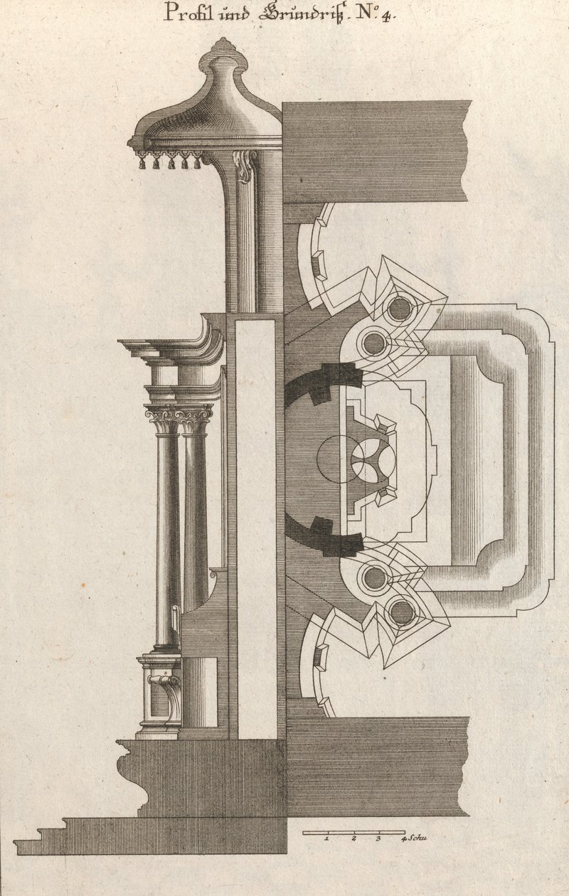 مخطط أرضي ومنظر جانبي لمذبح ، اللوحة d 2 من 'Unterschiedliche Neu ... ، مطبوع ca. 1750-56. بواسطة جورج جوتفريد وينكلر