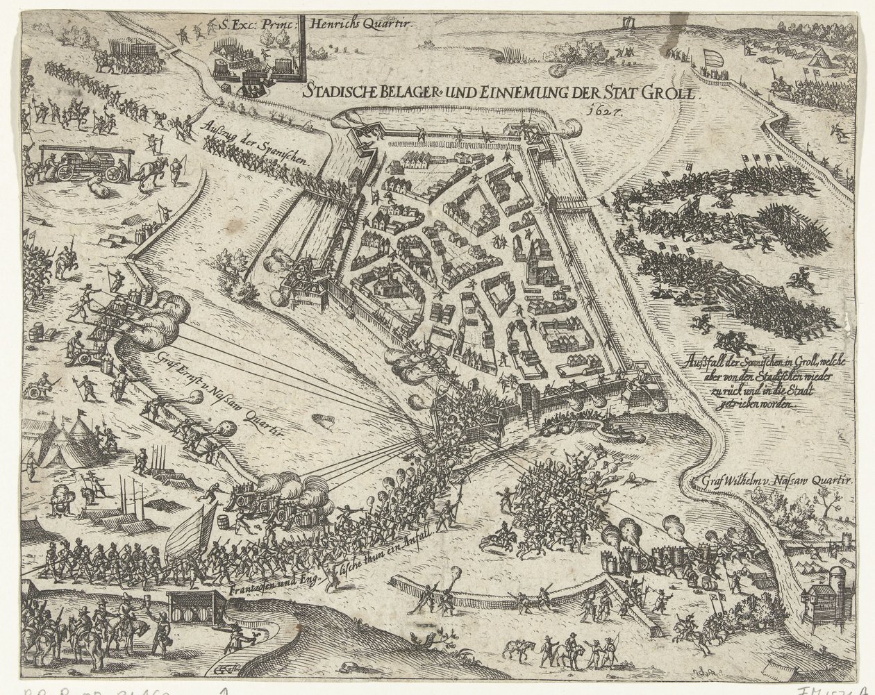 حصار جرول بواسطة فريدريك هندريك ، ١٦٢٧ Stadische belager- und einnemung der stat Groll. 1627 (العنوان على الكائن) بواسطة جورج كيلر