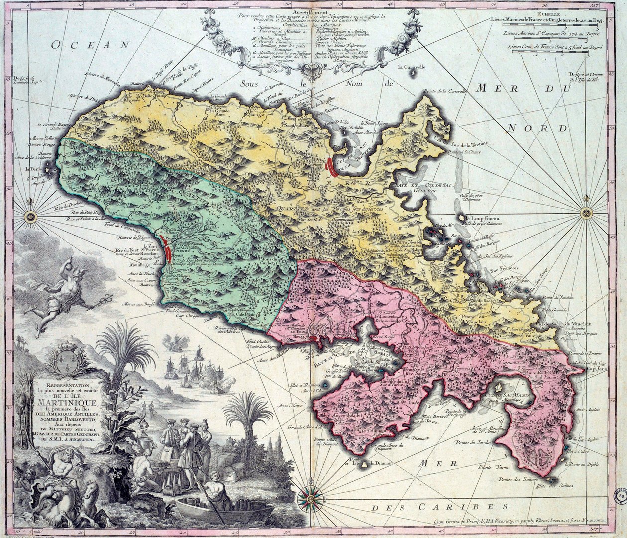 خريطة مفصلة لجزيرة مارتينيك في جزر الهند الغربية. نقش لماثيو سوتر (1678-1757) شارتر ، القرن الثامن عشر ، متحف الفنون الجميلة بواسطة جورج ماثيو سوتر