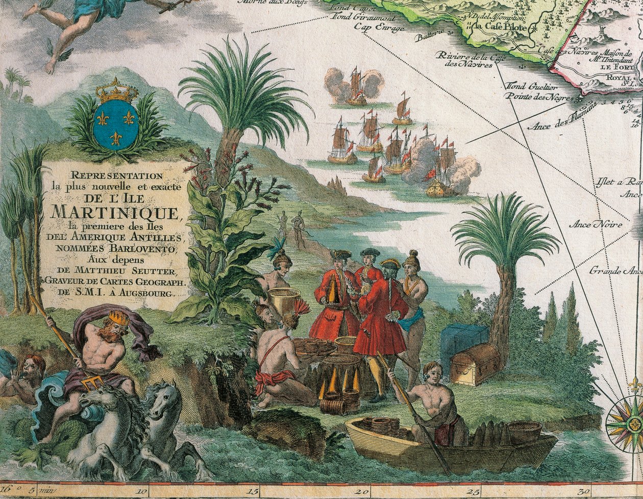 Map of Martinique created by Matthieu Seutter, details: Merchants and Native American Indian بواسطة جورج ماثيو سوتر