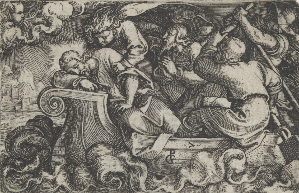نائم المسيح أثناء العاصفة على بحيرة طبريا ، من قصة المسيح ، 1534-1535. بواسطة جورج بينز
