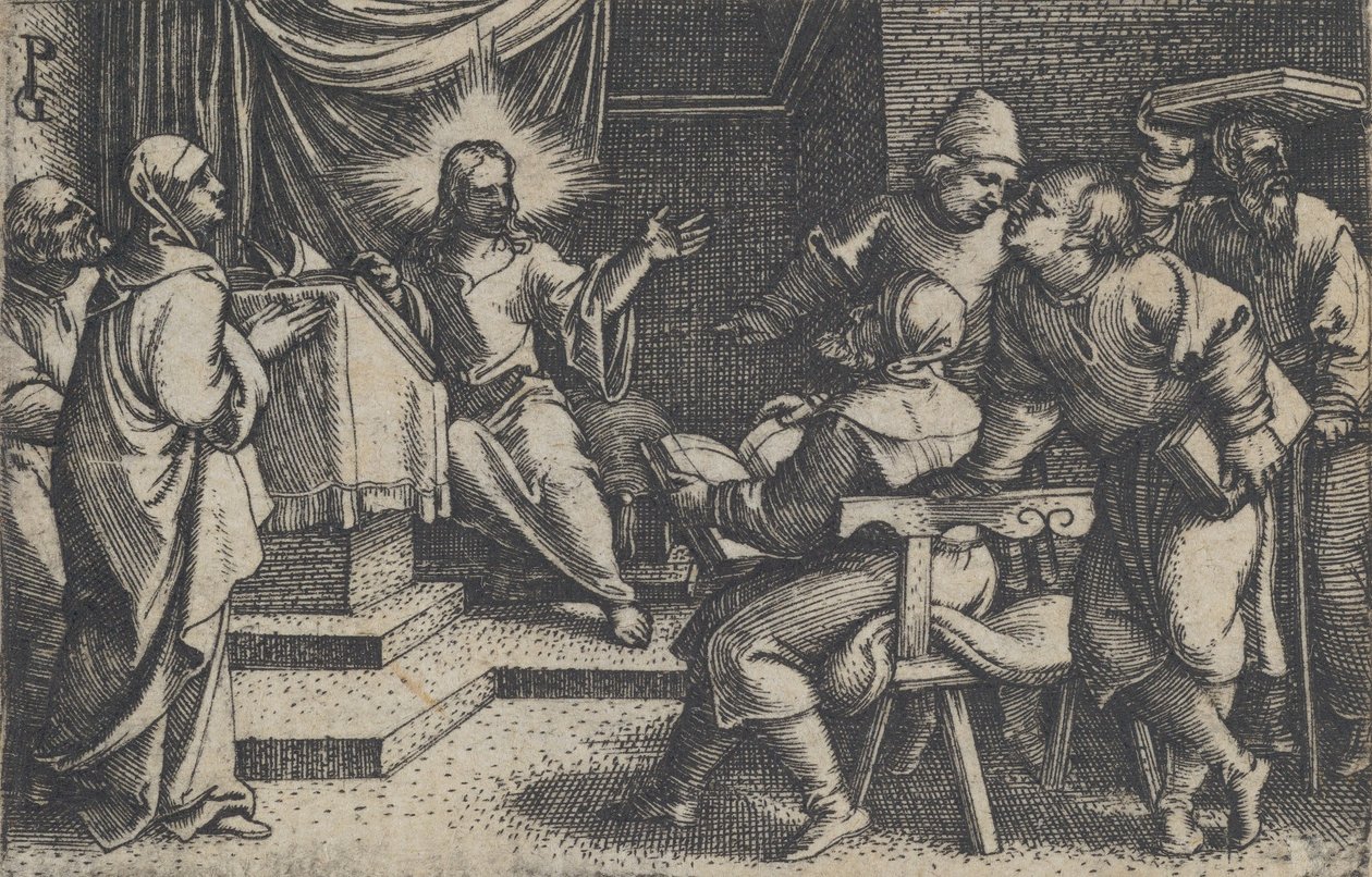 المسيح مع الأطباء في الهيكل ، من قصة المسيح ، 1534-1535. بواسطة جورج بينز