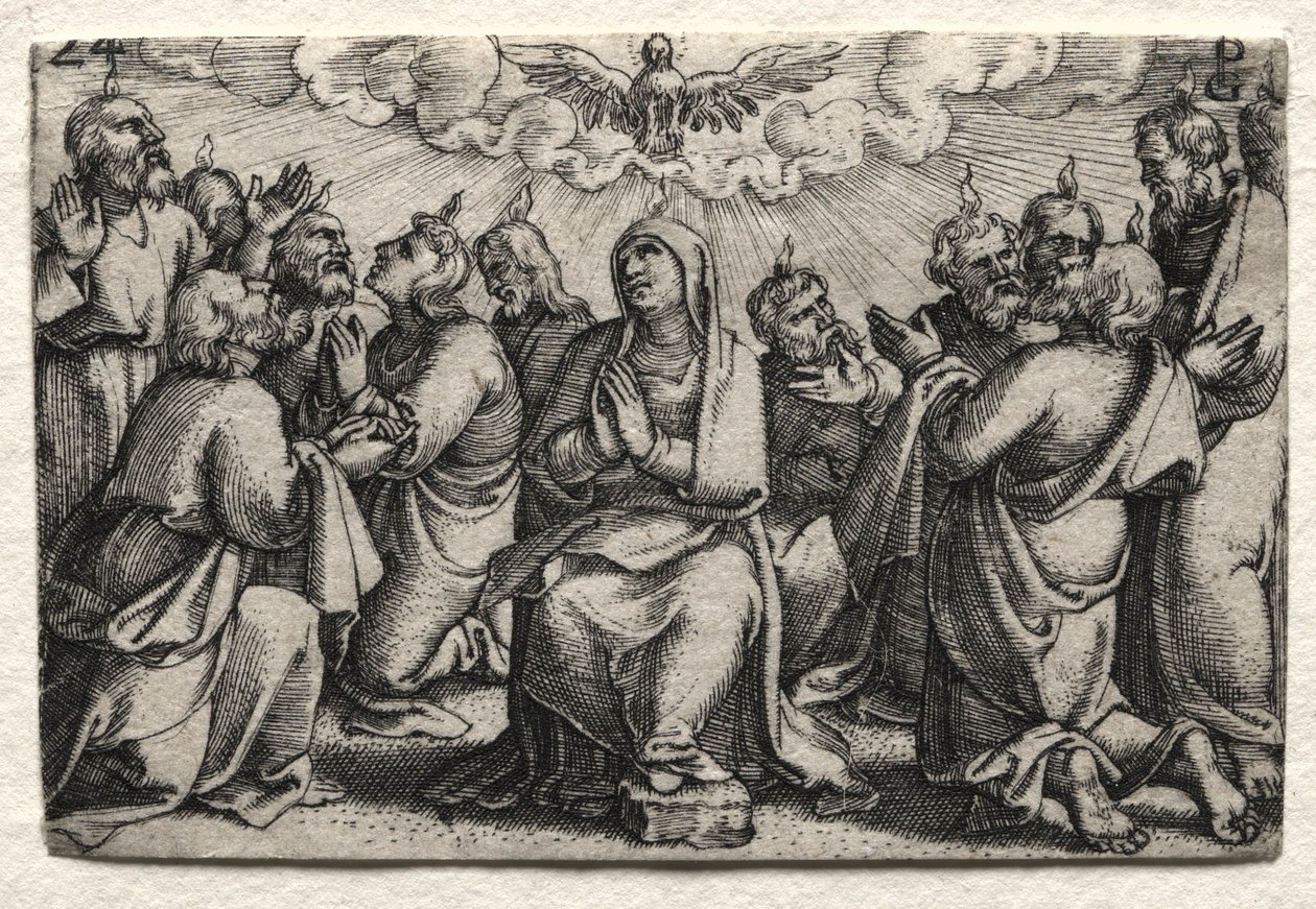 حياة يسوع المسيح: نزول الروح القدس ، ج. 1534-35. بواسطة جورج بينز