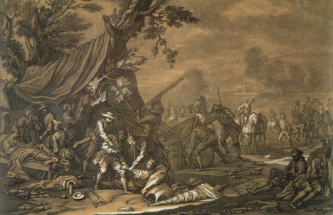 الجراح العسكري في ساحة المعركة خلال حرب الخلافة الإسبانية ، 1707 ، منقوش بواسطة كريستيان روجينداس (1708-81) ج .1740 بواسطة جورج فيليب الأول روجينداس
