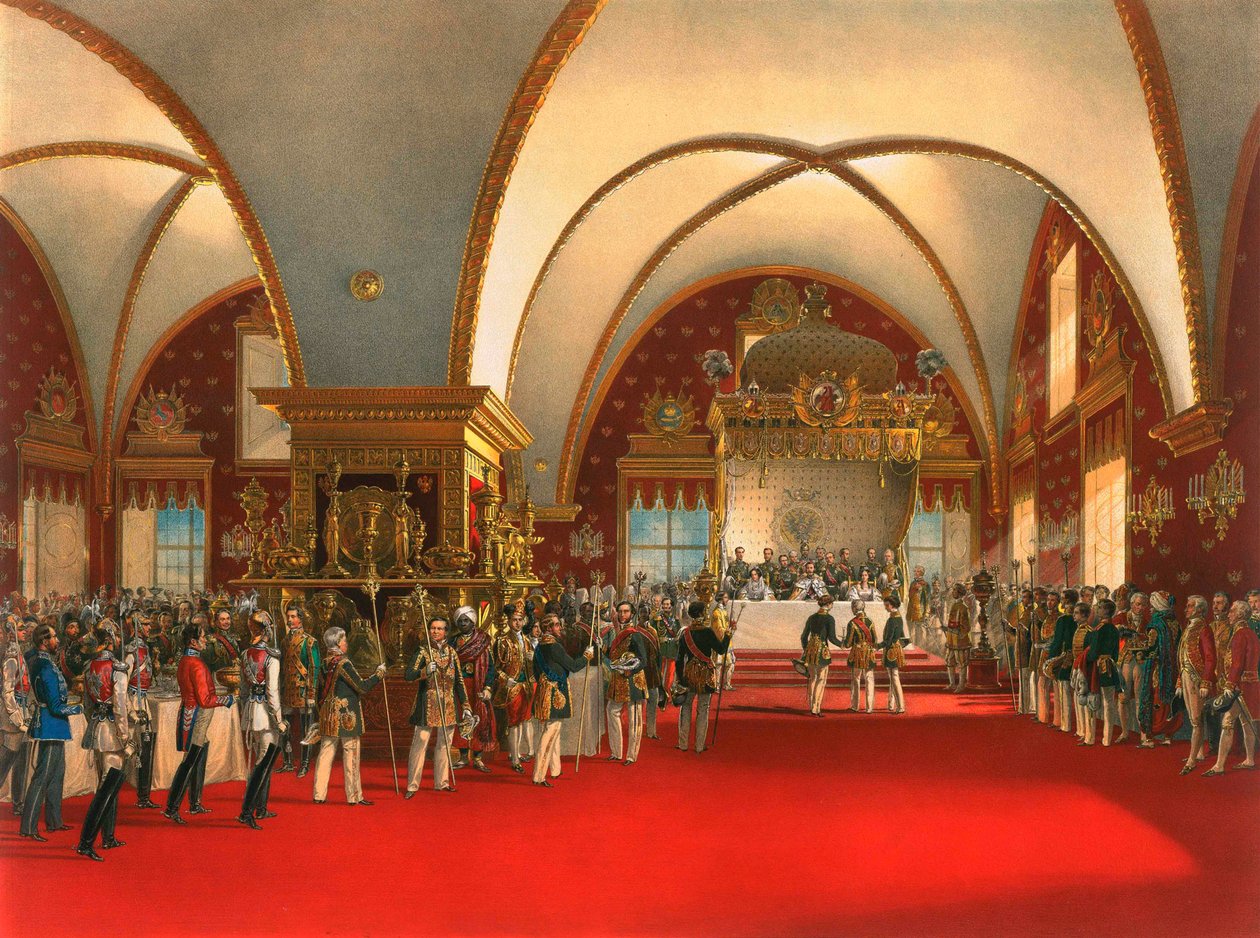 مأدبة التتويج في قاعة قصر الأوجه في موسكو الكرملين ، 1856. بواسطة جورج فيلهلم تيم