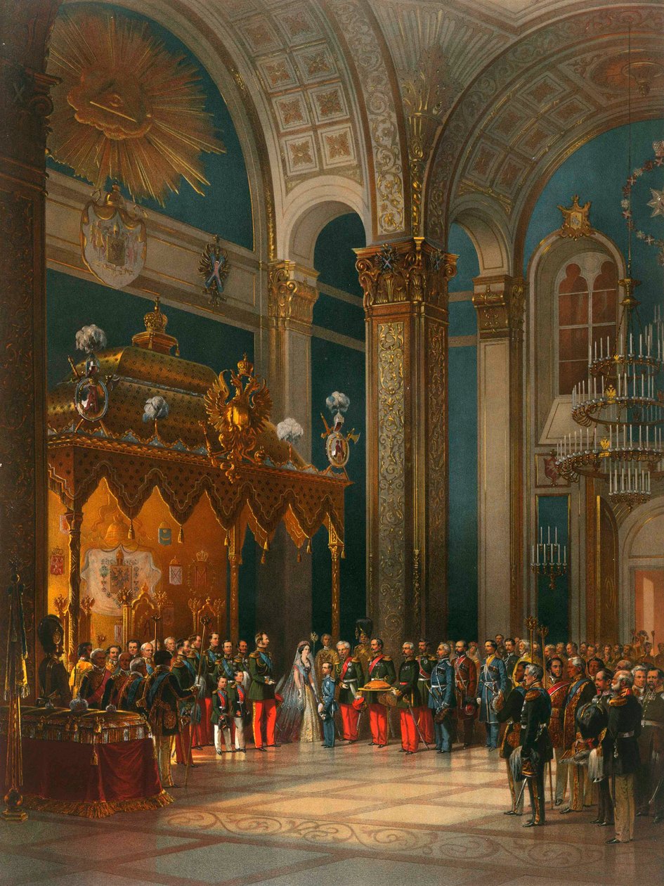 تكريم ضباط القوزاق في قاعة العرش ، تتويج القيصر ألكسندر الثاني ، موسكو ، 1856. بواسطة جورج فيلهلم تيم