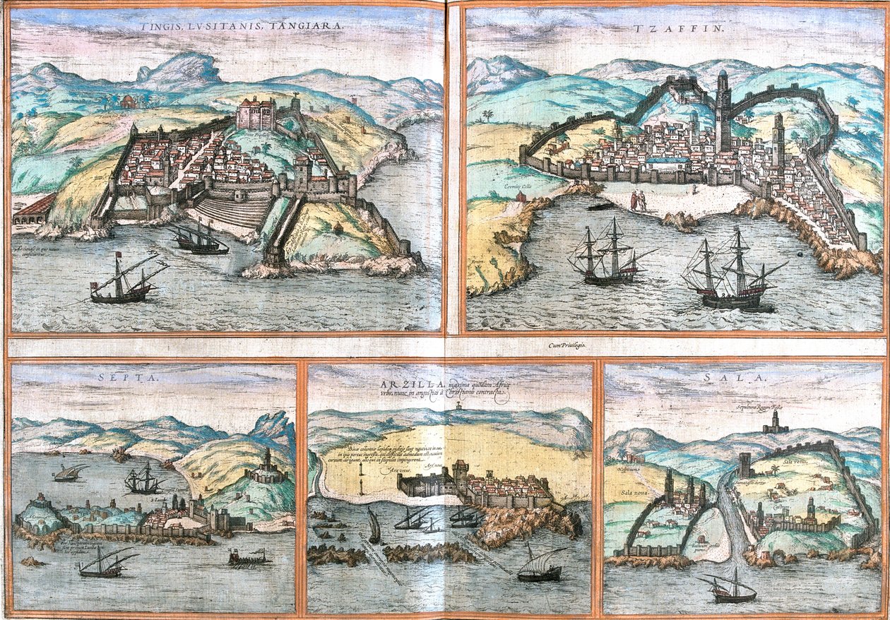 طنجة ، آسفي ، سبتة ، أصيلة ، سلا ، المغرب ، من كتاب Civitates orbis terrarum للمؤلف براون وهوجينبرغ. سنة النشر 1572 ، كولونيا. بواسطة جورج براون وفرانز هوغنبرغ