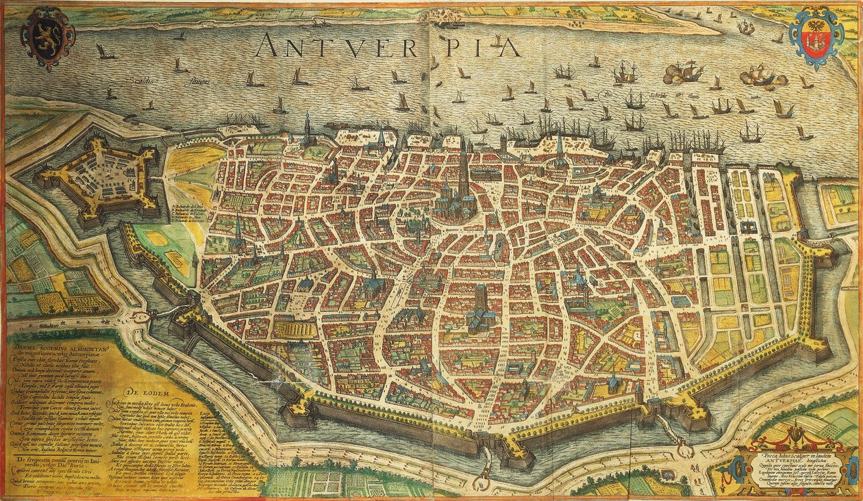 بلجيكا ، أنتويرب لجورج براون وفرانز هوغنبرغ من Civitates Orbis Terrarum ، نقش ملون بواسطة فرانس