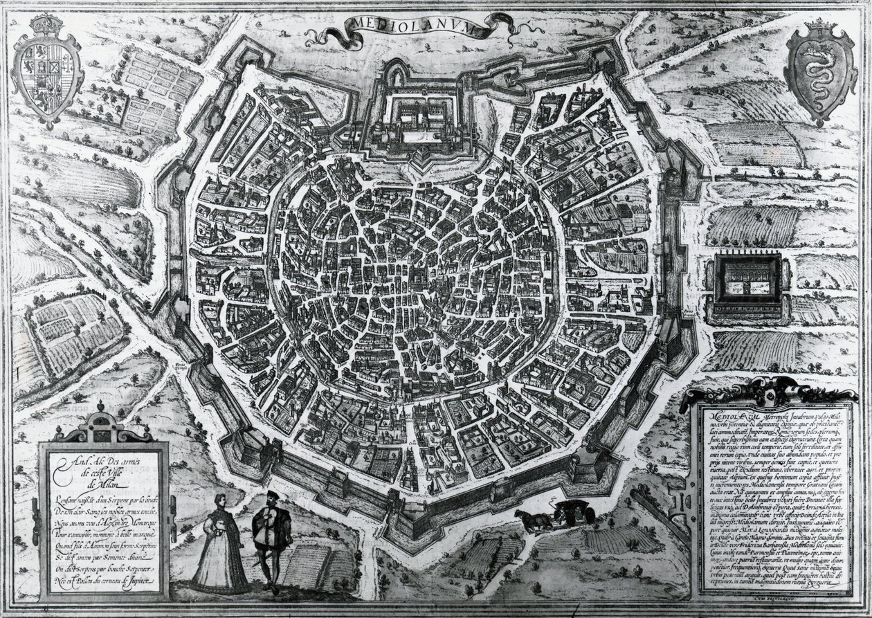 خريطة مدينة ميلانو ، في 1572 ، بواسطة أنطونيو لافريري (1512-1577) ، نشرها جورج براون وفرانز هوغنبرغ ، إيطاليا بواسطة فرانس