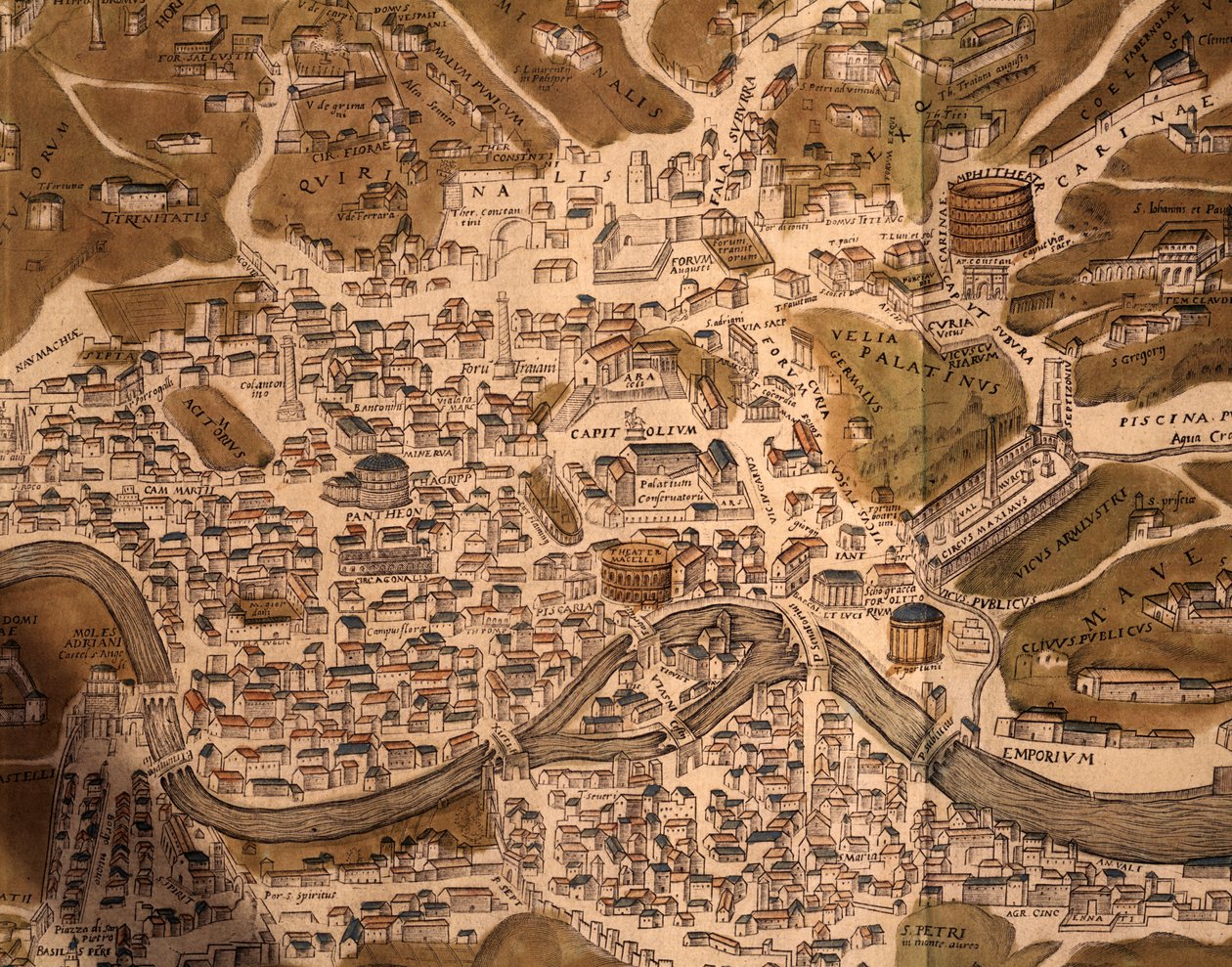 مدينة روما ، لوحة الخريطة ، تفاصيل من Civitates orbis terrarum ، مدن العالم ، بقلم جورج براون (1541-1622) وفرانز هوغنبرغ (1535-1590) ، نشط في كولونيا ، نقش ، إيطاليا بواسطة فرانس