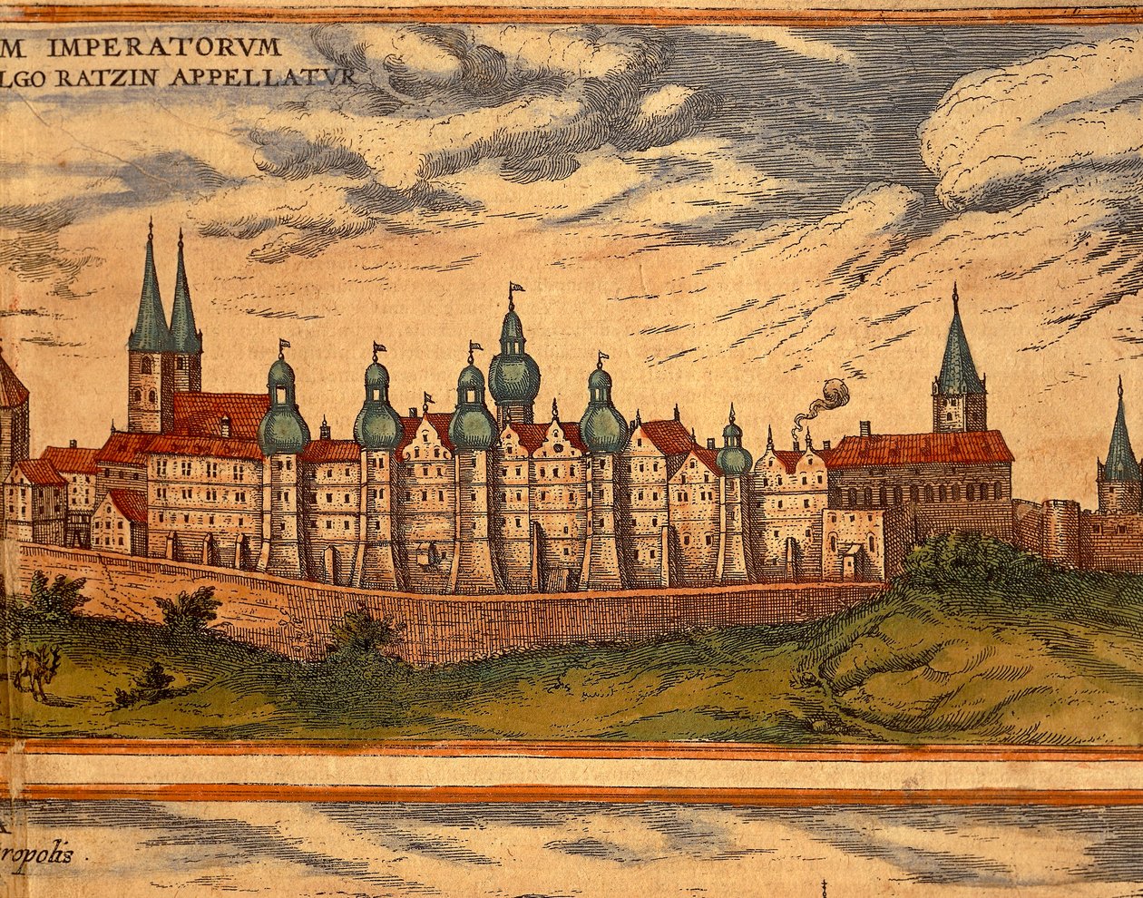 جمهورية التشيك ، براغ ، منظر للقصر ، نقش ملون من Civitates Orbis Terrarum بواسطة Georg Braun (1541-1622) و Franz Hogenberg (1535-1590) بواسطة فرانس