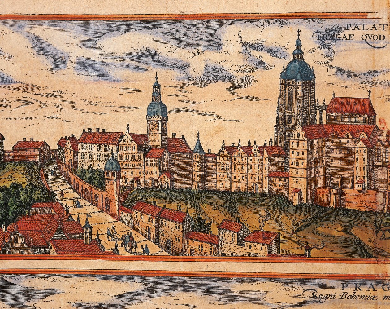 جمهورية التشيك ، براغ ، منظر للقلعة ، نقش ملون من Civitates Orbis Terrarum بواسطة Georg Braun (1541-1622) و Franz Hogenberg (1535-1590) بواسطة فرانس