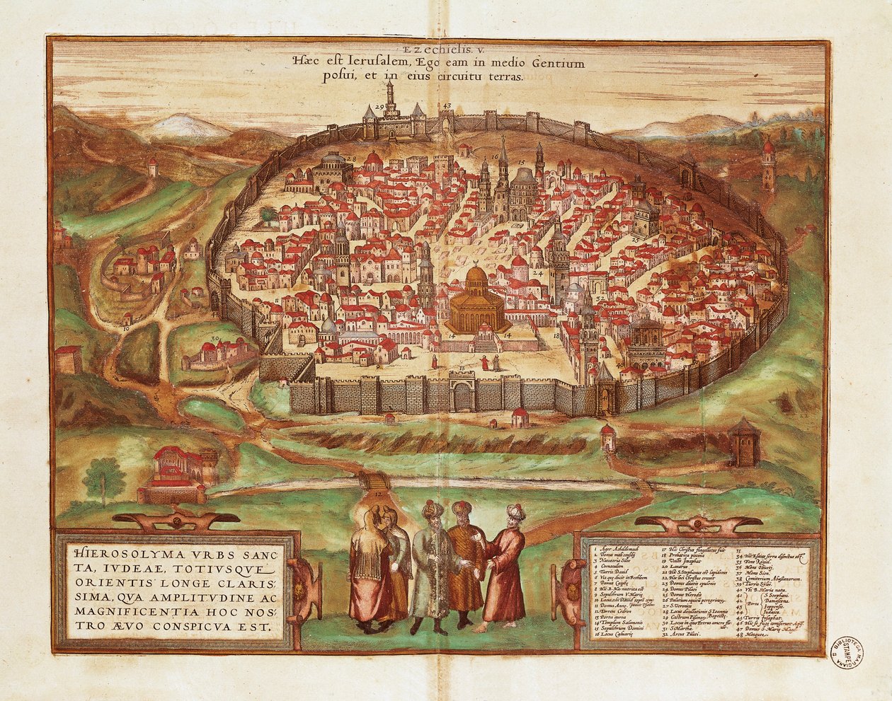إسرائيل وفلسطين ، مدينة القدس ، بقلم جورج براون وفرانز هوغنبرغ ، من Civitates Orbis Terrarum ، نقش ملون بواسطة فرانس