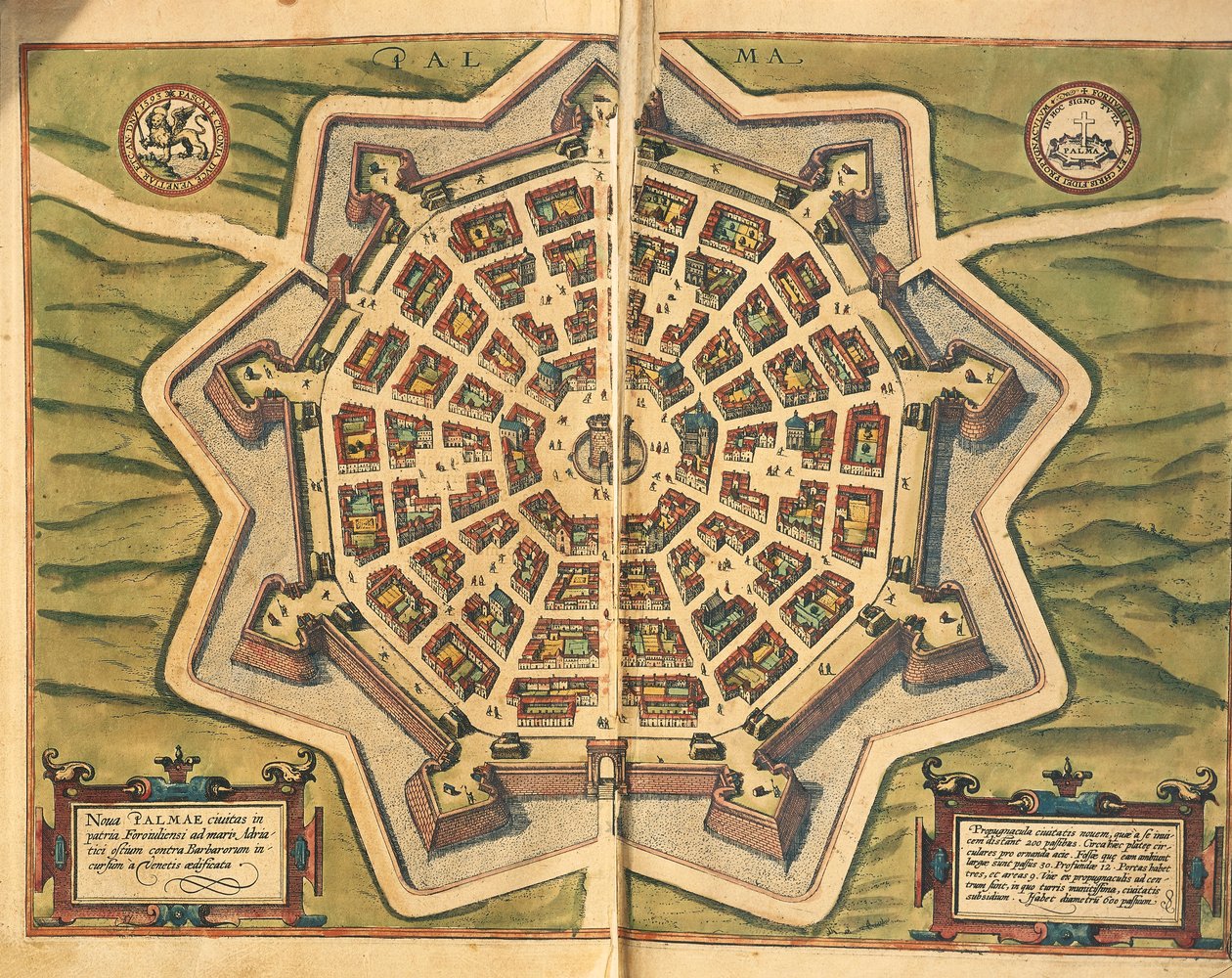 إيطاليا ، بالمانوفا ، خريطة ، نقش من Civitates Orbis Terrarum بواسطة Georg Braun و Franz Hogenberg ، نشط في كولونيا بواسطة فرانس