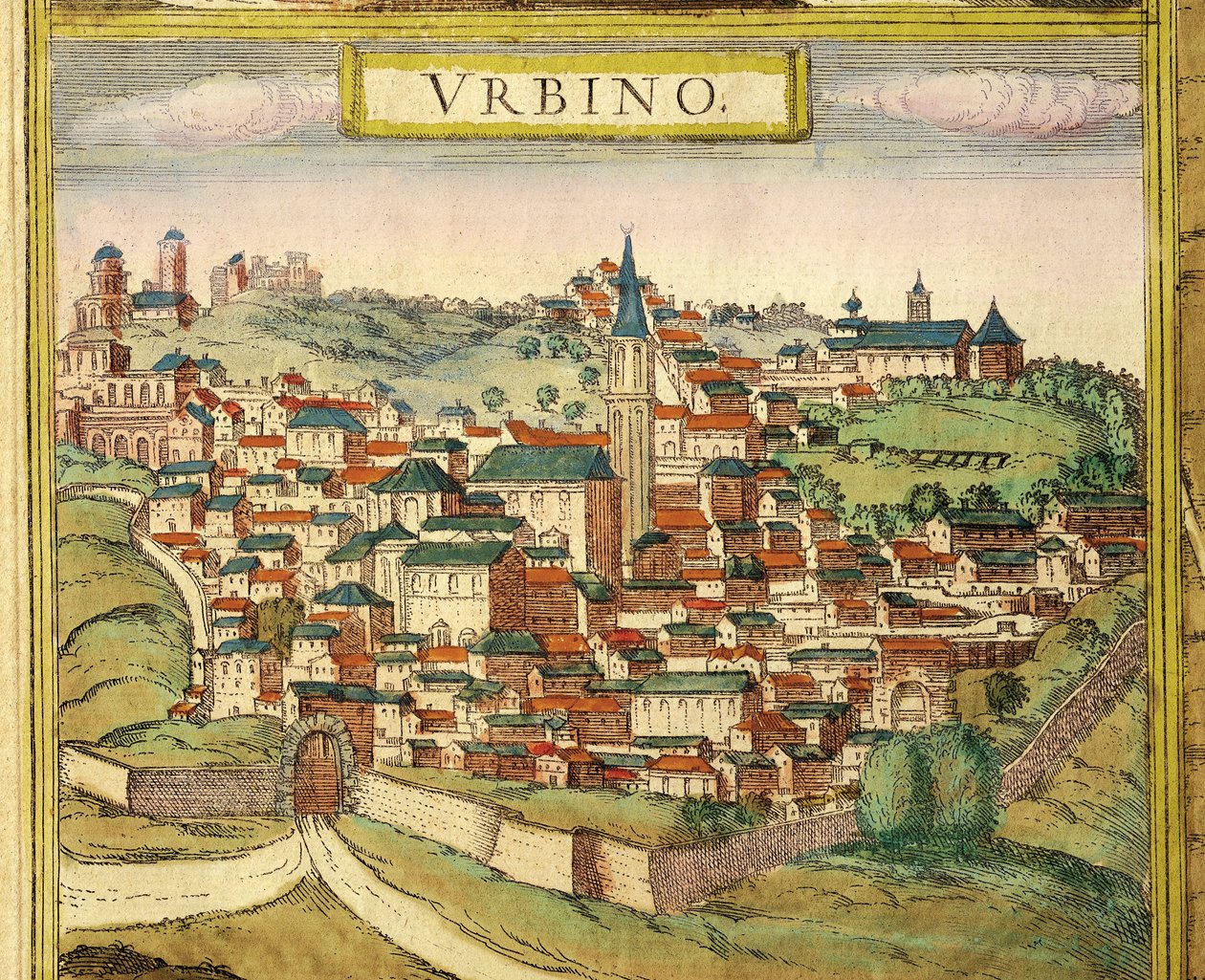 إيطاليا ، أوربينو ، منظر للمدينة ، نقش ملون من Civitates Orbis Terrarum بواسطة Georg Braun (1541-1622) و Franz Hogenberg (1535-1590) بواسطة فرانس