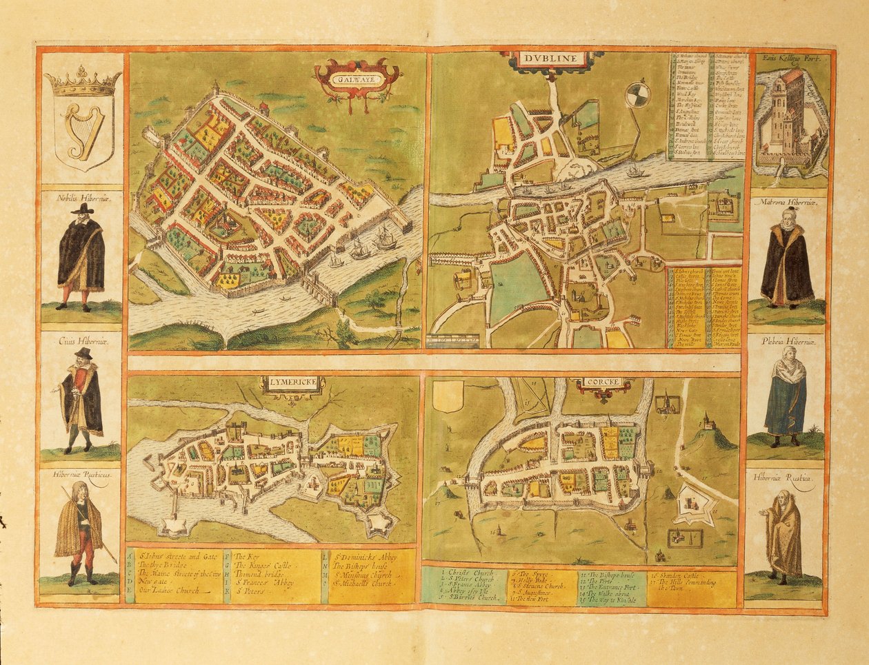 خريطة غالواي ودبلن وليمريك وكورك من Civitates Orbis Terrarum بواسطة Georg Braun بواسطة فرانس