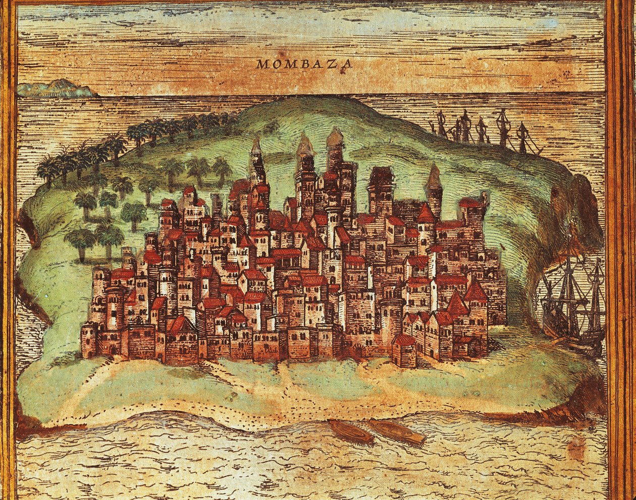 خريطة مومباسا ، كينيا ، من Civitates Orbis Terrarum بقلم جورج براون وفرانز هوغنبرغ ، نقش بواسطة فرانس