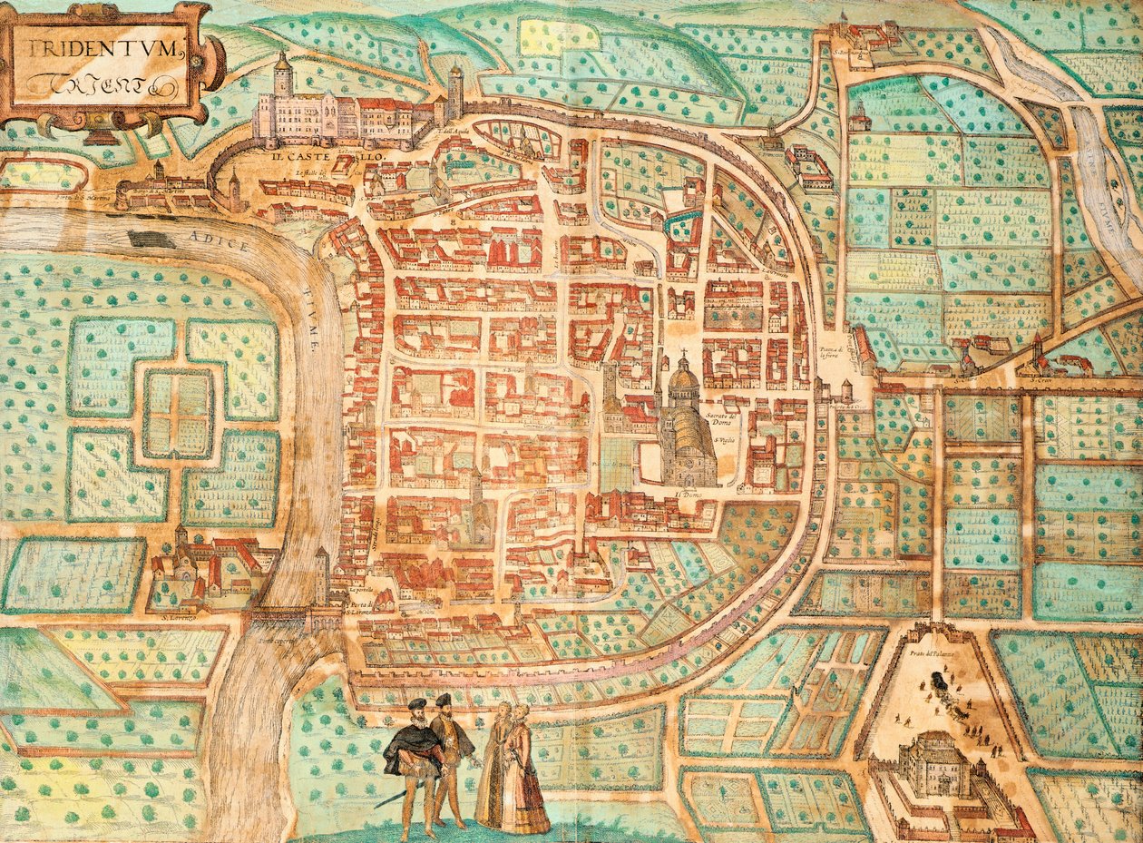خريطة Tridentum ، اليوم ترينت ، بواسطة Georg Braun و Franz Hogenberg ، نقش ملون من Civitates Orbis Terrarum ، إيطاليا بواسطة فرانس