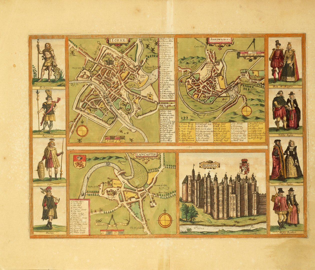 خريطة يورك ، شروبيري ، لانكستر ، وقلعة ريتشموند من Civitates Orbis Terrarum بقلم جورج براون بواسطة فرانس