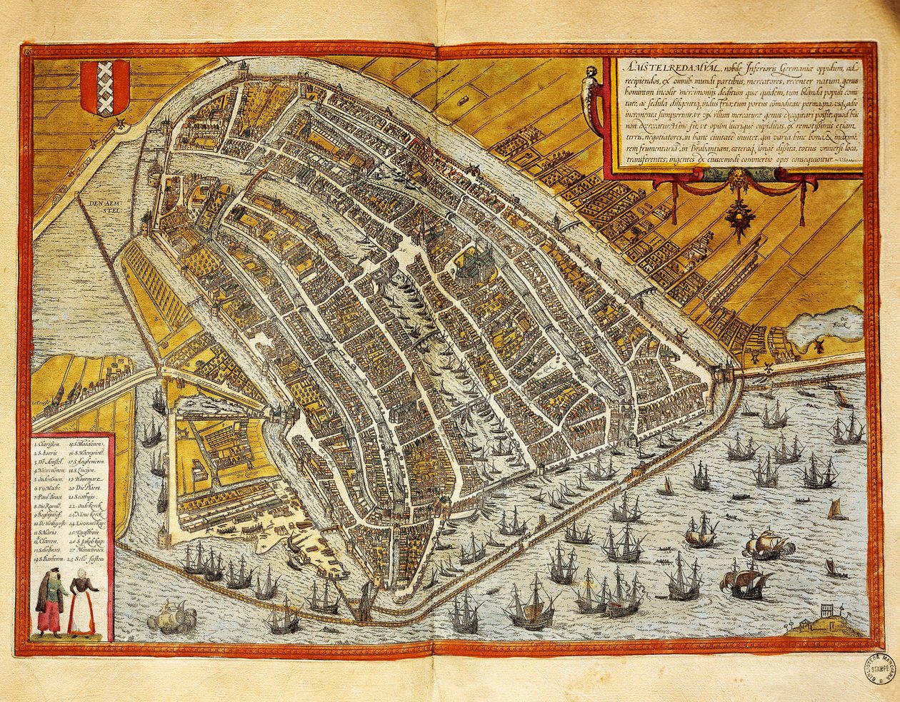 هولندا ، خريطة أمستردام من Civitates Orbis Terrarum بقلم جورج براون (1541-1622) وفرانز هوغنبرغ (1535-1590) ، نقش بواسطة فرانس