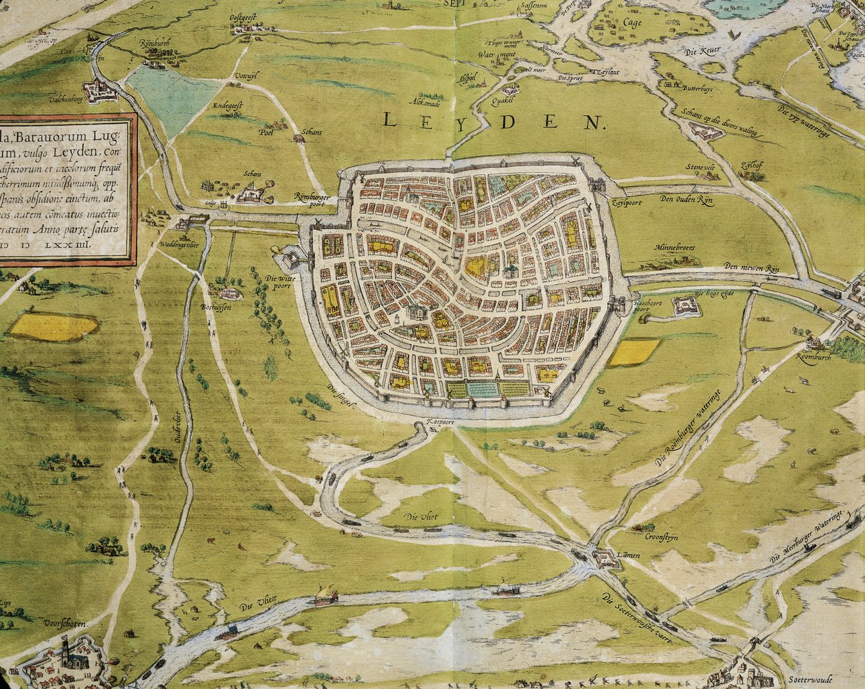 هولندا ، خريطة مدينة ومنطقة ليدن من Civitates Orbis Terrarum بقلم جورج براون (1541-1622) وفرانز هوغنبرغ (1540-1590) ، كولونيا ، نقش بواسطة فرانس