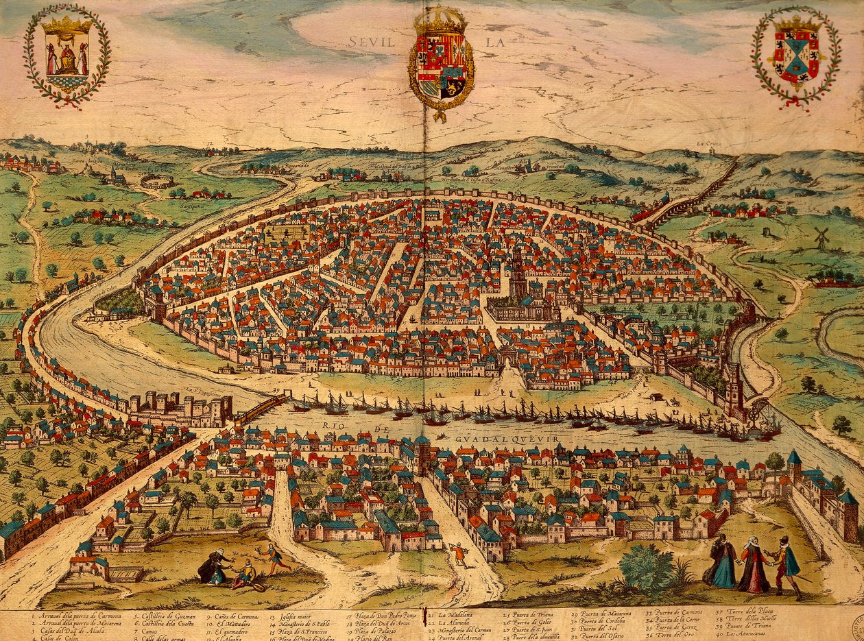 إسبانيا ، إشبيلية ، منظر للمدينة ، نقش ملون من Civitates Orbis Terrarum بواسطة Georg Braun (1541-1622) و Franz Hogenberg (1535-1590) بواسطة فرانس