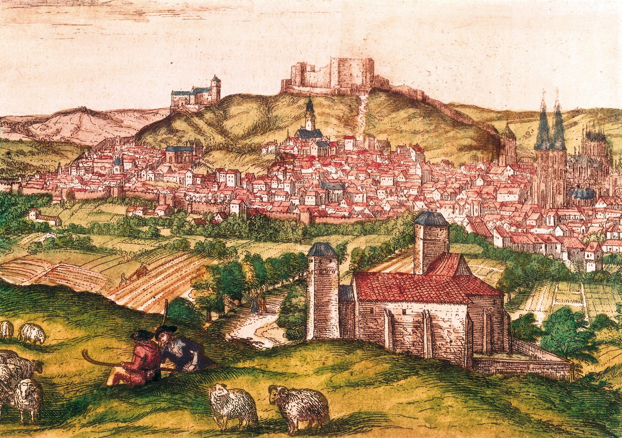 مدينة برغش في إسبانيا مع الرعاة وقطيع الأغنام في المقدمة (1576). نقش في Civitatis Orbis Terrarum ، بواسطة فرانس